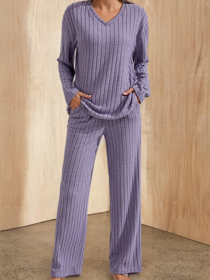Women's rib-knit lounge set with V-neck long-sleeve top and wide-leg pants