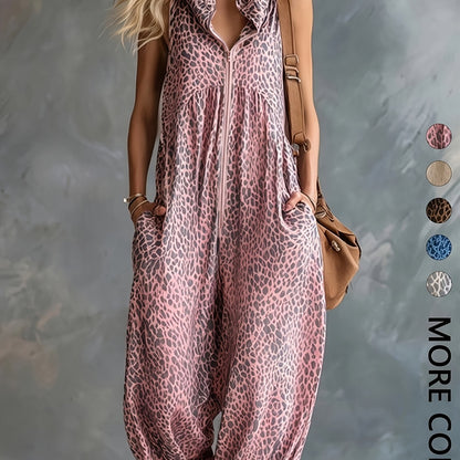 Damen Jumpsuit ärmellos mit Kapuze Animal-Print lockere Passform