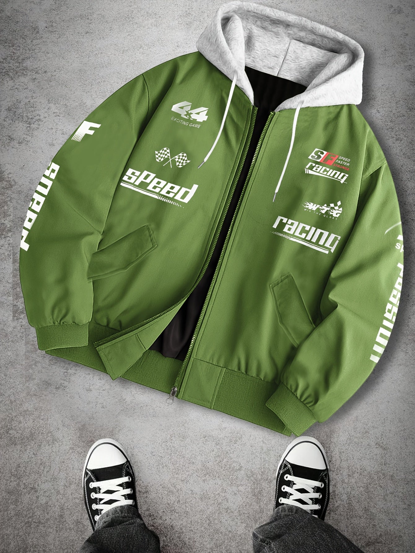 Men's hooded bomber jacket with racing print, zip-up windbreaker