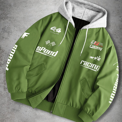 Men's hooded bomber jacket with racing print, zip-up windbreaker