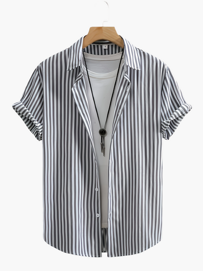 Men's Short-Sleeve Casual Shirt with Stripe Pattern and Open Collar – Summer Casual Shirt