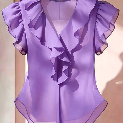 Women's blouse with ruffles and V-neck – Elegant frilled blouse for office and leisure