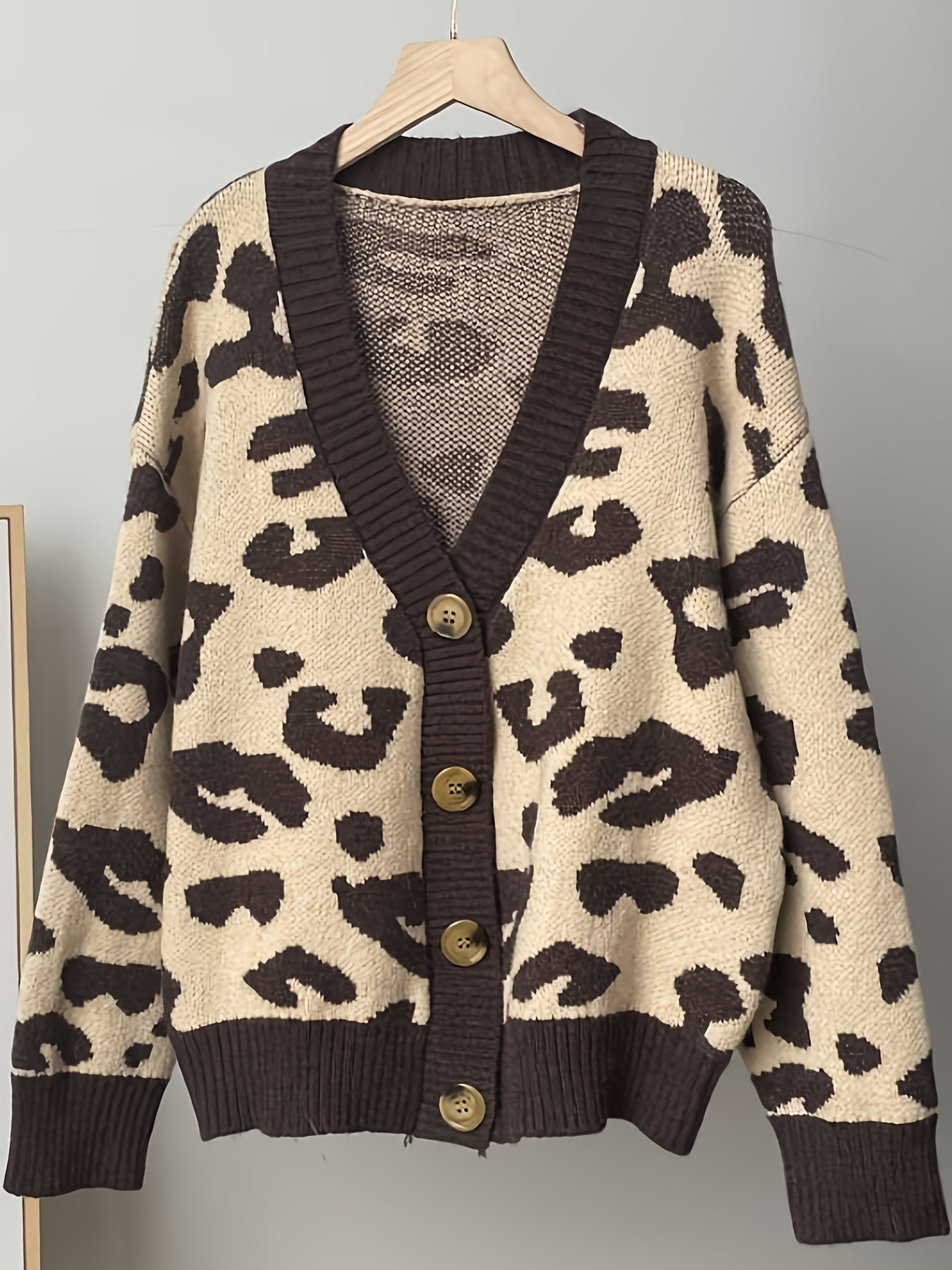 Damen Strickjacke mit Leopardenmuster V-Ausschnitt Knöpfen