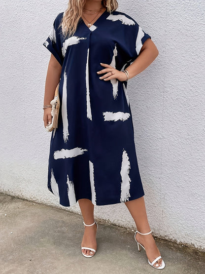 Damen Tunika Kleid Elegant V-Ausschnitt Lässig für Alltag und Urlaub Plus Size