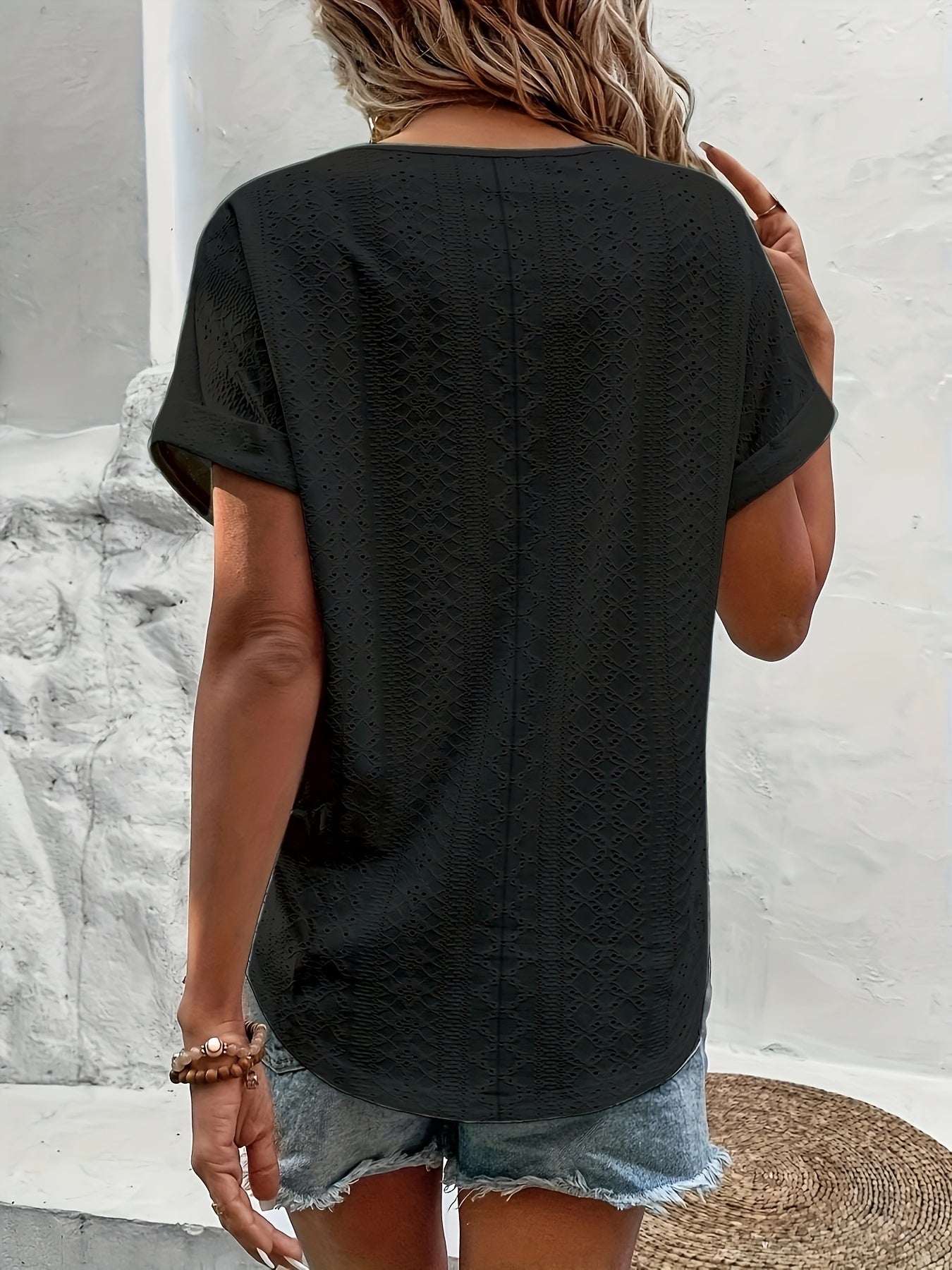 Women's Elegant V-Neck Blouse with Eyelet Pattern for Everyday and Leisure