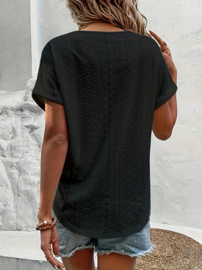 Women's Elegant V-Neck Blouse with Eyelet Pattern for Everyday and Leisure