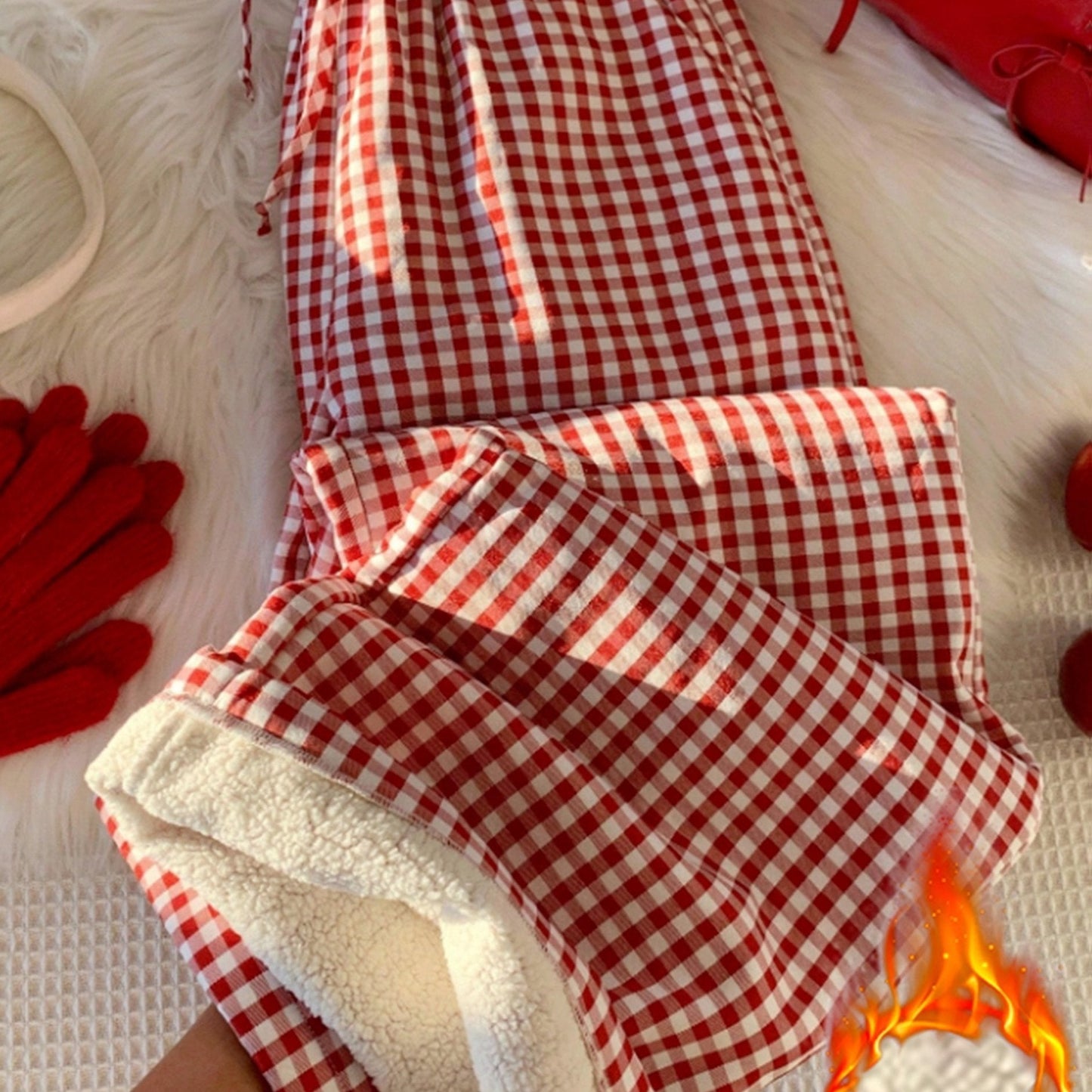Karierte Loungehose Damen Rot Weiß Bequem Gefüttert