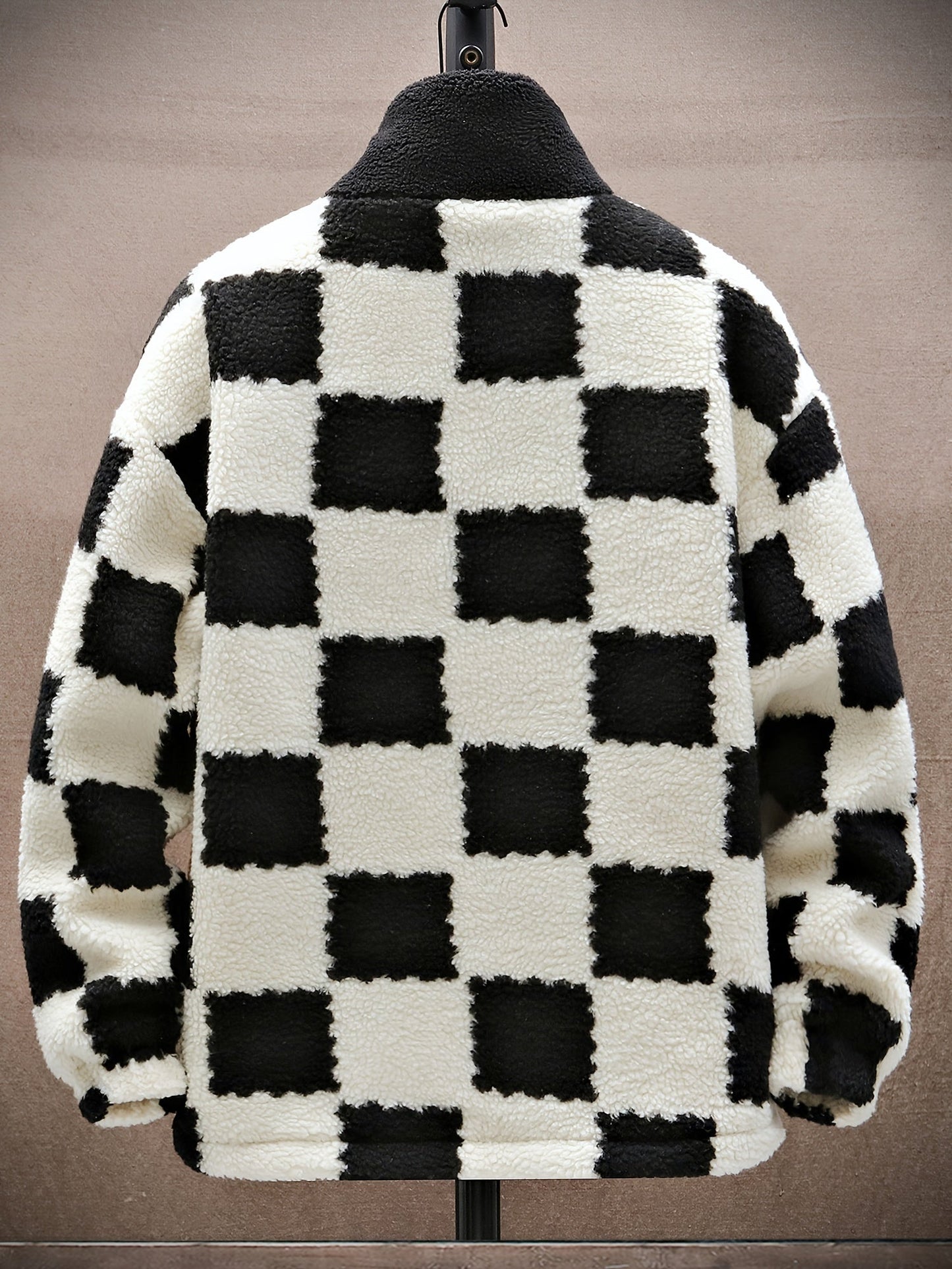 Unisex Fleecejacke mit Schachbrettmuster Reißverschluss Stehkragen