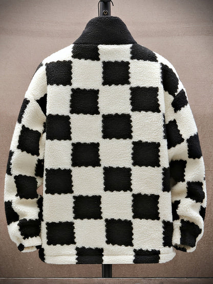 Unisex Fleecejacke mit Schachbrettmuster Reißverschluss Stehkragen