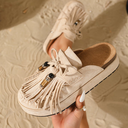 Women's Vintage Moccasin Sandals with Fringe and Beads for Summer