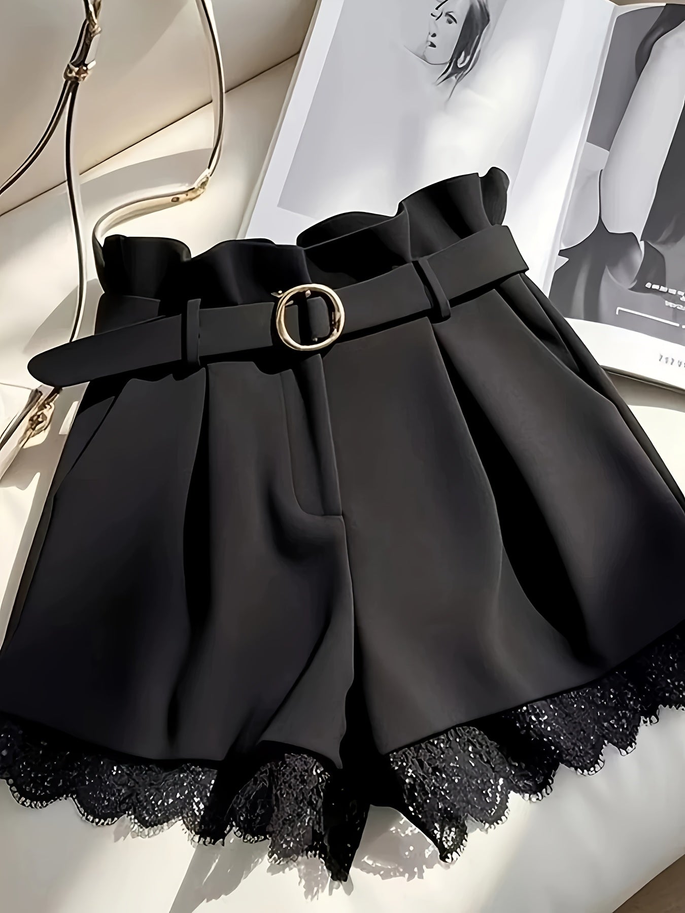 Women's High-Waist Paperbag Shorts with Belt and Lace Trim – Fashionable for Everyday and Special Occasions