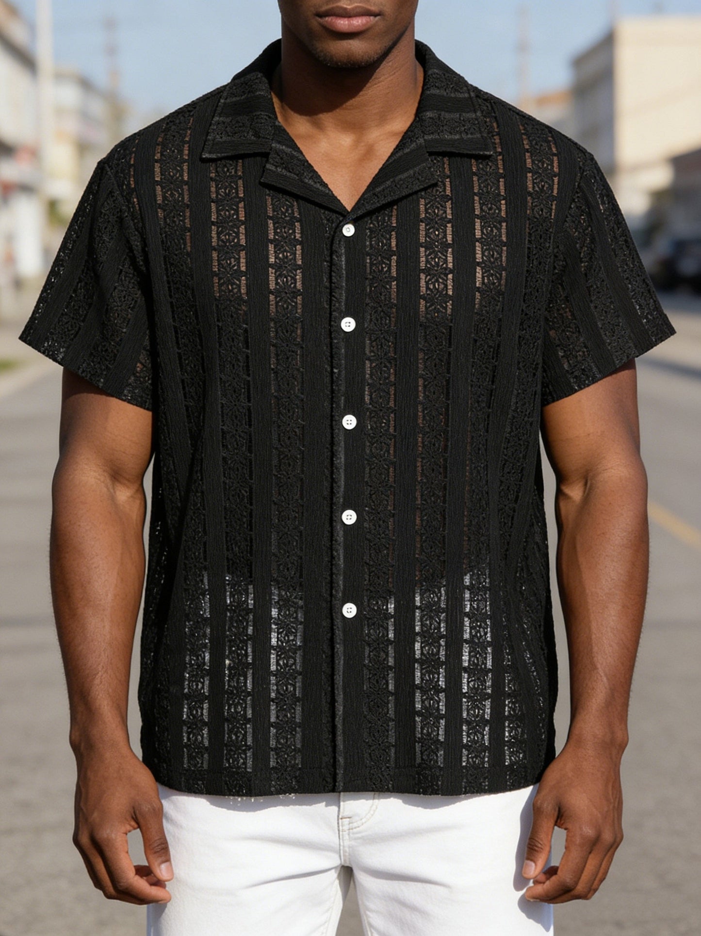 Herren Kurzarm Resorthemd mit Spitze und Knopfleiste – Modernes Freizeitshirt für Sommer und Urlaub