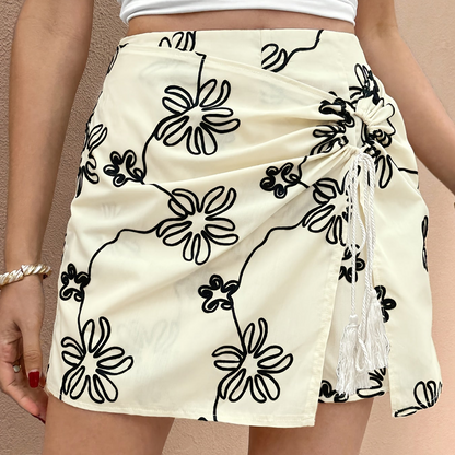 Women's Elegant Summer Skirt with Floral Pattern and Drawstring Detail – Fashionable Casual Skirt