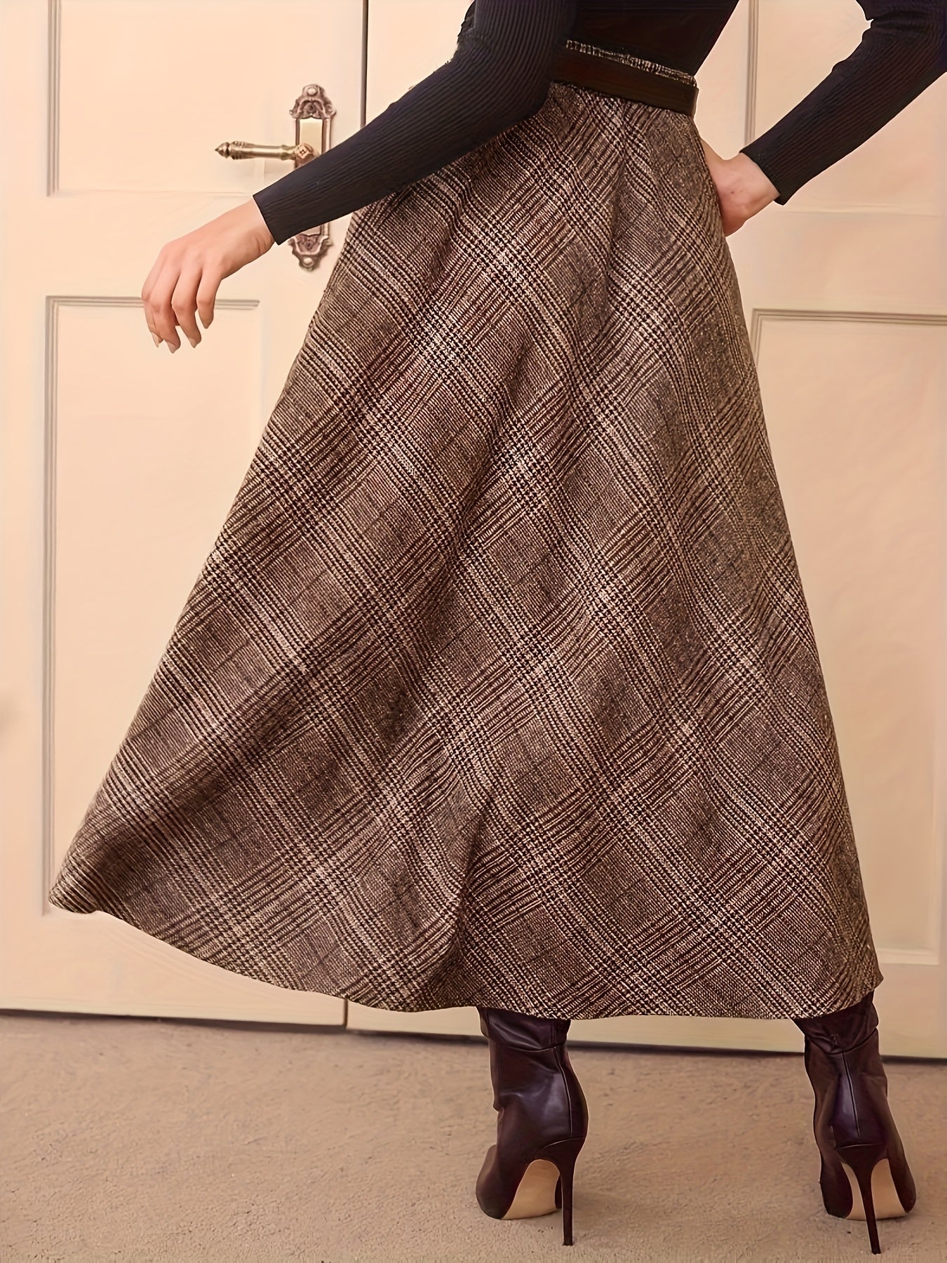 Women's plaid maxi skirt, A-line, high-waisted