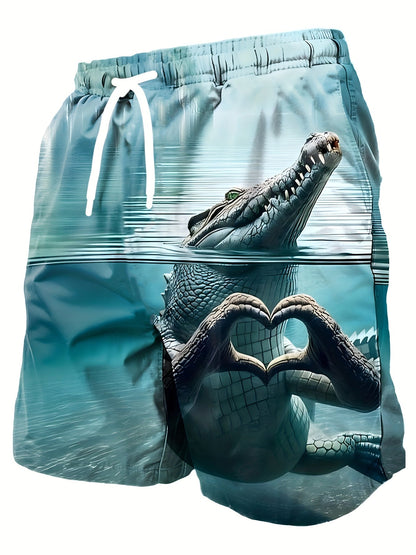 Men's swim shorts with funny crocodile print, heart motif – perfect for beach and pool