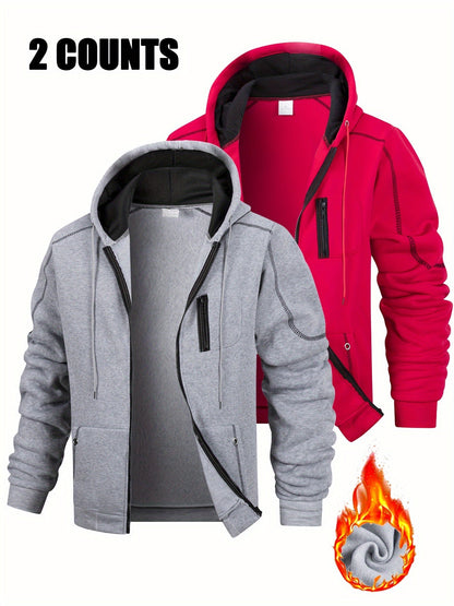 2-Pack Men's Hoodie Jacket Set, Zip-Up Hoodies, Fleece-Lined, Navy Blue, Black, Red