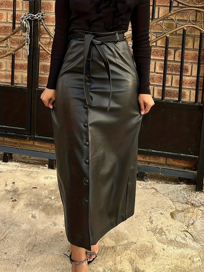 Women's faux leather maxi skirt with buttons and tie belt, black