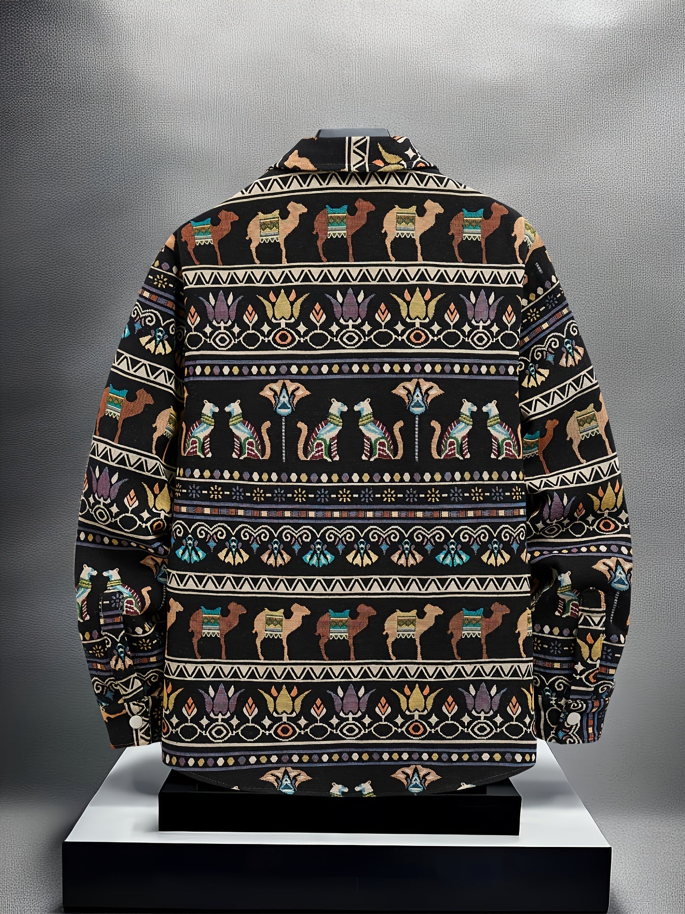 Men's casual long-sleeve shirt, patterned, ethnic print, beige