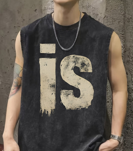 Men's Urban Streetwear Muscle Shirt with Vintage Lettering and Sleeveless Design – Modern Statement Tank Top