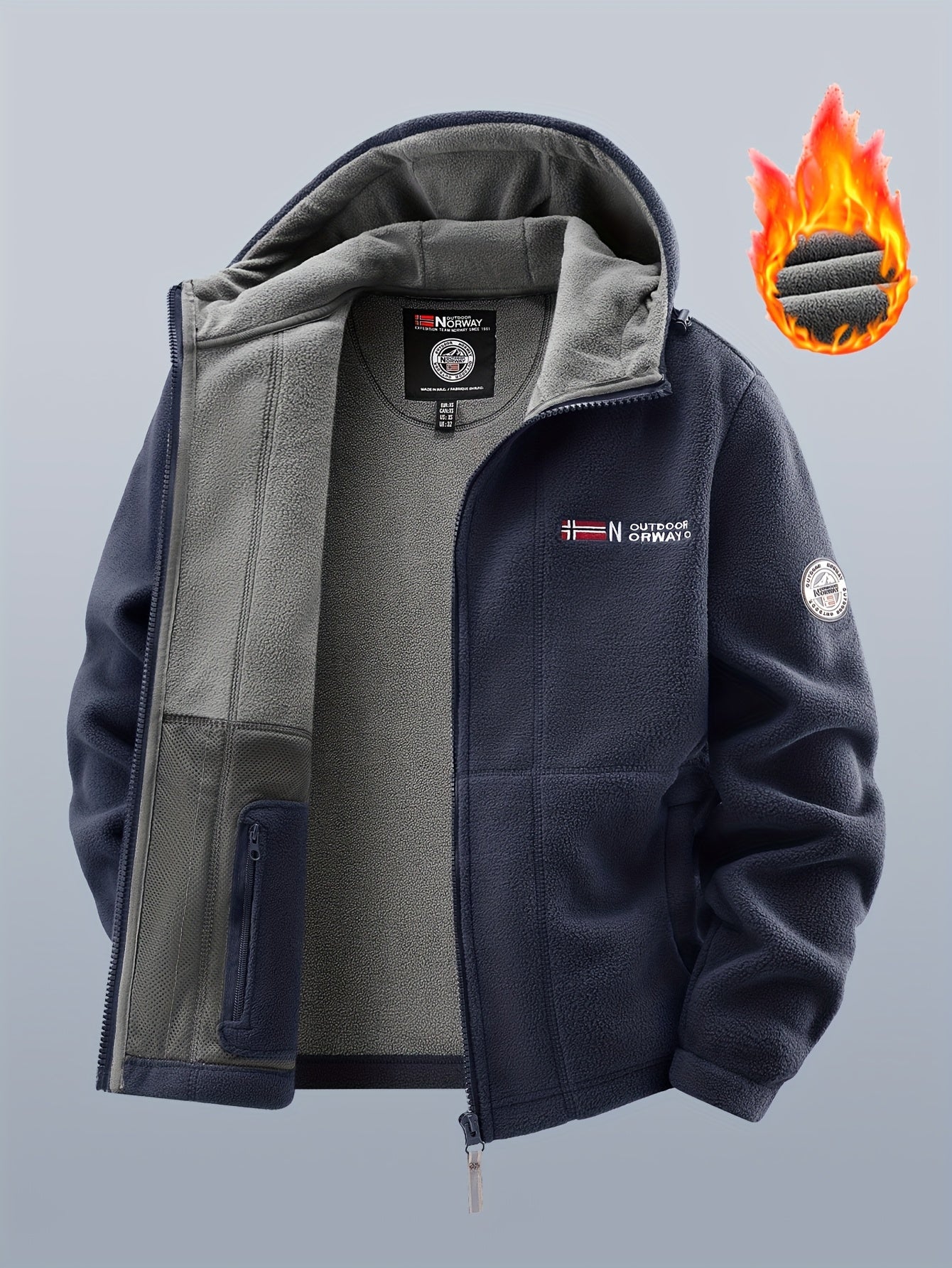Thermo Fleecejacke mit Kapuze für Herren, durchgehender Reißverschluss