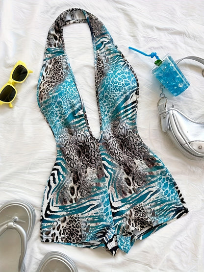 Women's jumpsuit with animal print and deep neckline – fashionable one-piece for summer, beach & party