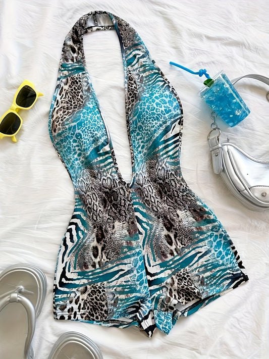 Women's jumpsuit with animal print and deep neckline – fashionable one-piece for summer, beach & party