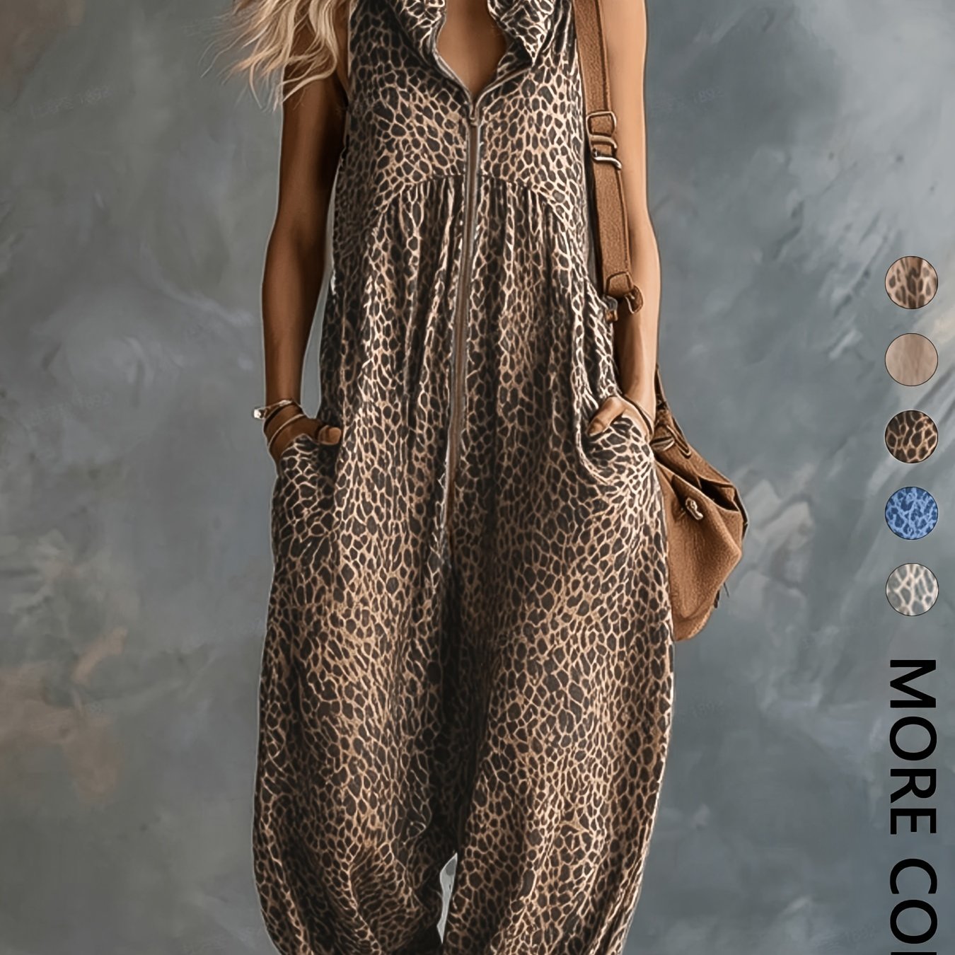 Damen Jumpsuit ärmellos mit Kapuze Animal-Print lockere Passform
