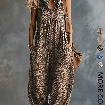 Damen Jumpsuit ärmellos mit Kapuze Animal-Print lockere Passform