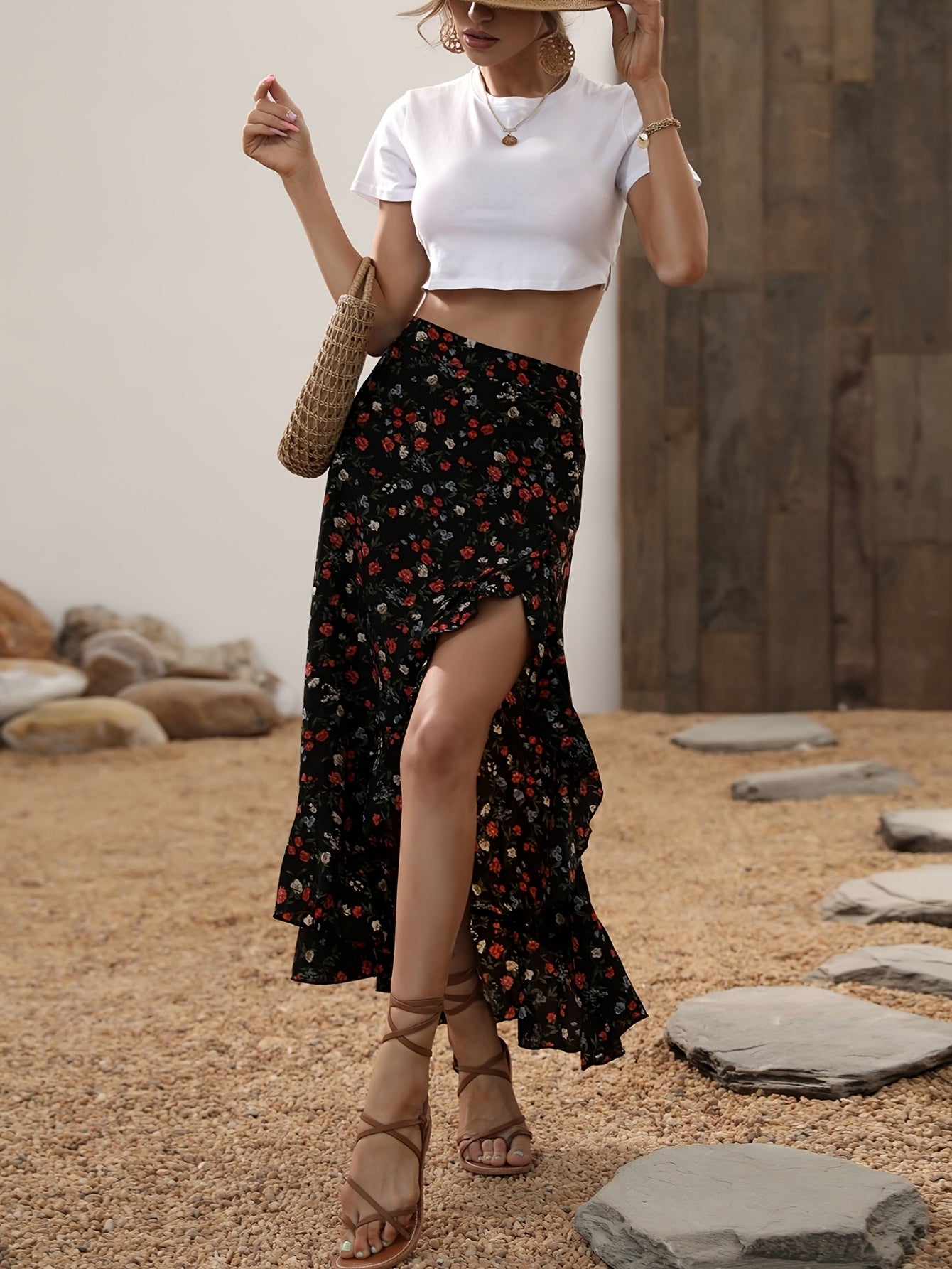Women's Maxi Skirt with Floral Pattern, Elegant Summer Skirt, High Slit, Perfect for Leisure and Vacation