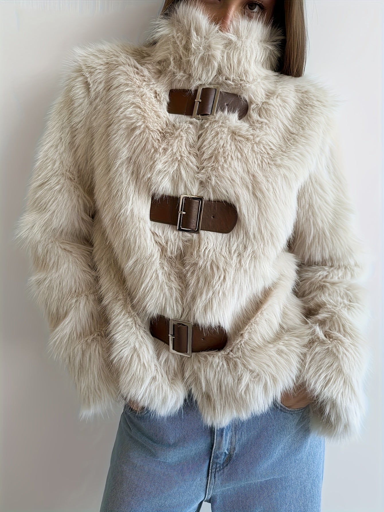 Women's beige faux fur jacket with buckles