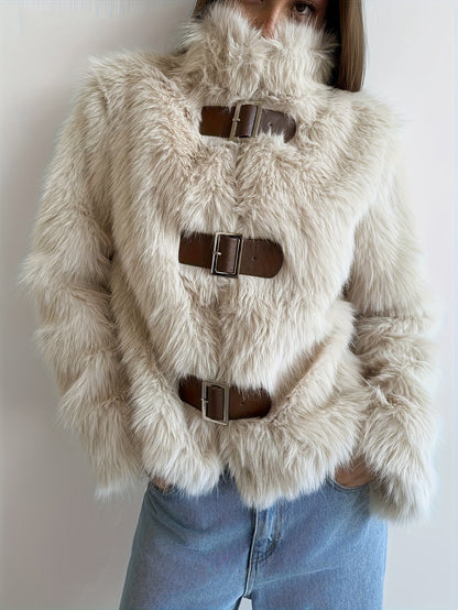 Women's beige faux fur jacket with buckles