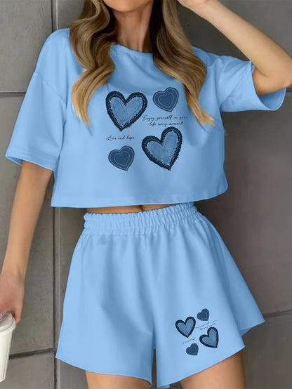 Damen Pyjama-Set mit Herz-Print – Lockeres Freizeit-Outfit für Zuhause und Schlaf