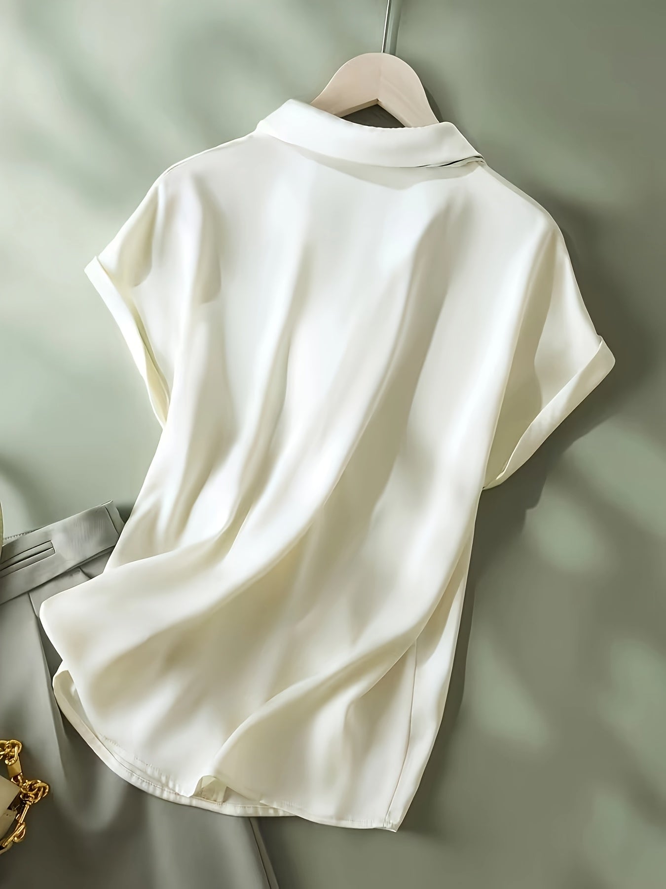 Women's blouse with short sleeves and decorative neck scarf – Elegant business and casual style