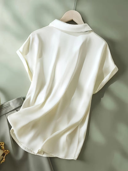 Women's blouse with short sleeves and decorative neck scarf – Elegant business and casual style