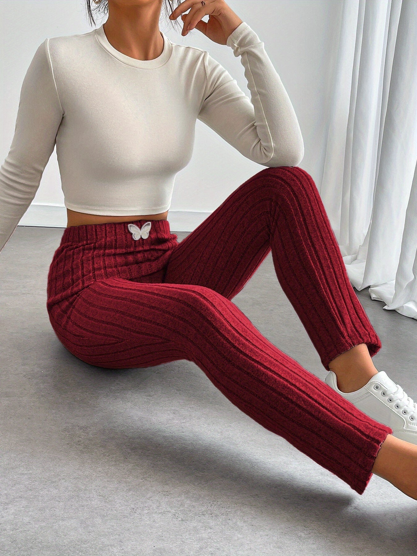 Ribbed leggings for women, high-waisted, slim fit, butterfly detail