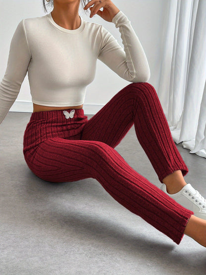 Ribbed leggings for women, high-waisted, slim fit, butterfly detail