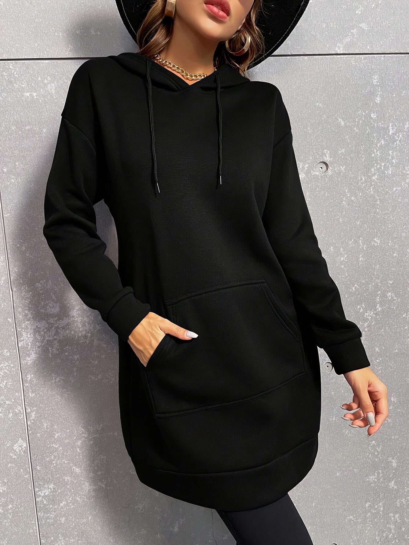 Damen Langarm Hoodie-Kleid mit Kapuze und Kängurutasche