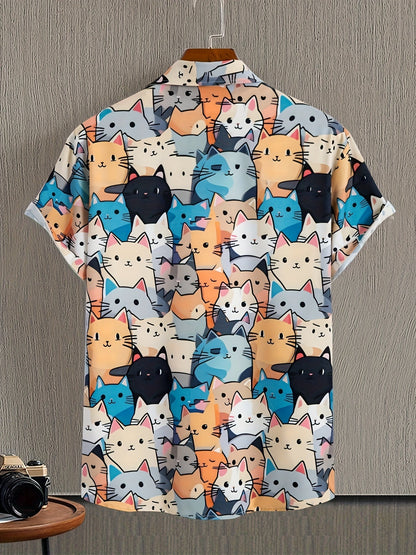 Herren Kurzarm Freizeithemd mit buntem Katzen-Comic-Muster – Verspieltes Sommerhemd für Alltag und Urlaub