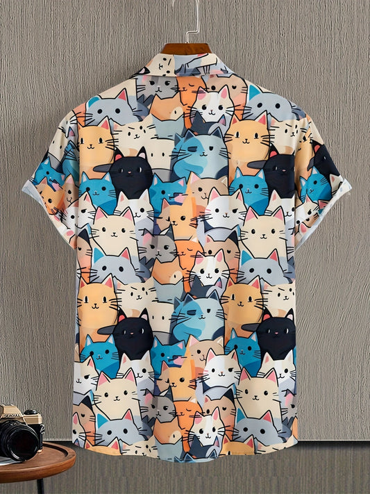 Herren Kurzarm Freizeithemd mit buntem Katzen-Comic-Muster – Verspieltes Sommerhemd für Alltag und Urlaub