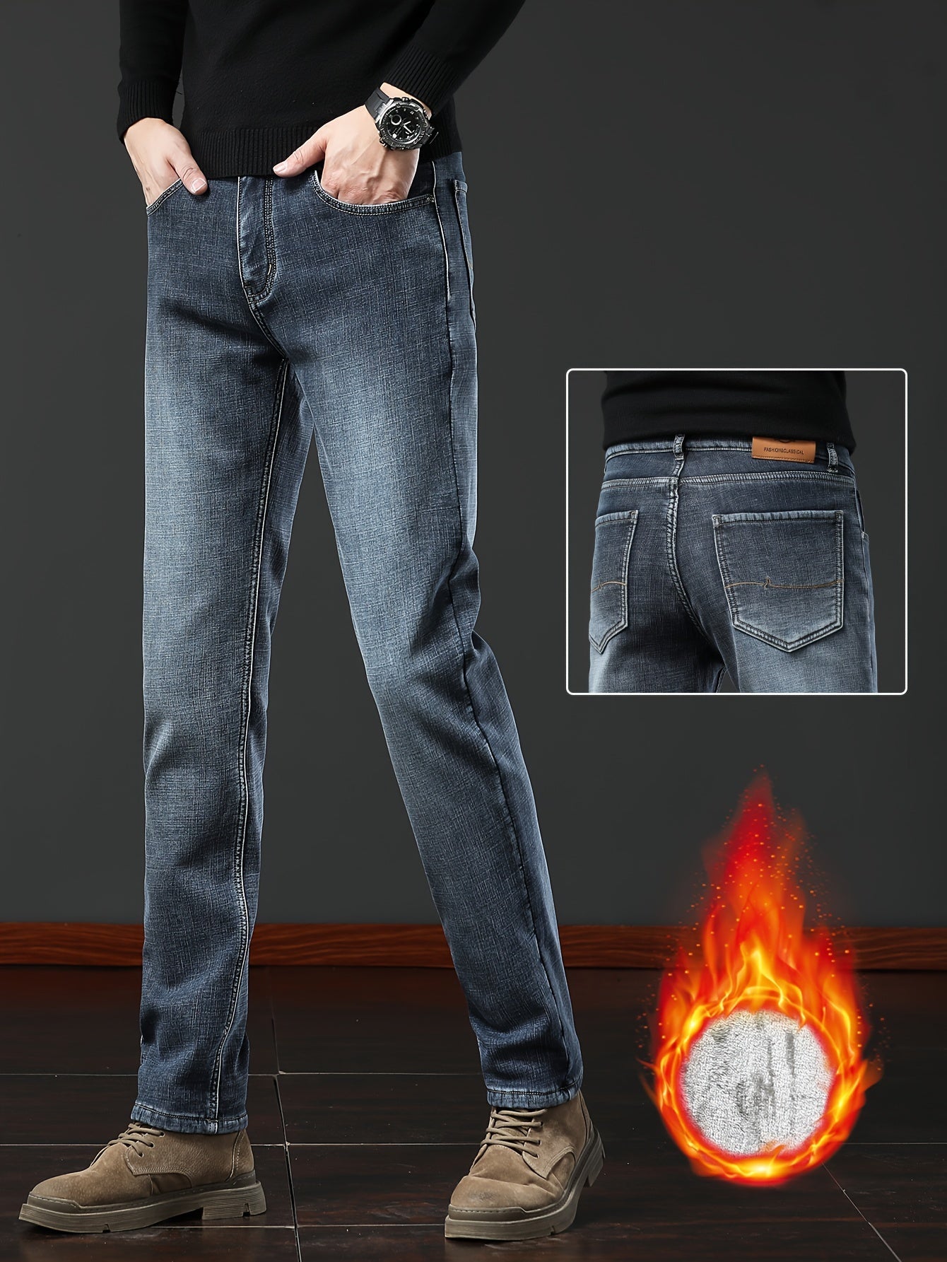Herren Winter Jeans Thermojeans gefüttert gerade Schnitt mit Fleecefutter Blau Grau