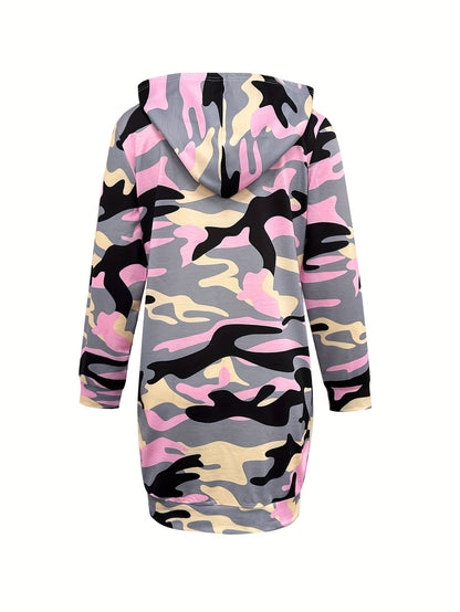 Women's camouflage hoodie dress, pink and gray, Brooklyn 76, long sleeve