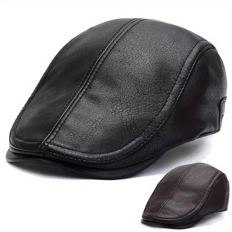 Men's faux-leather flat cap, Black/Brown