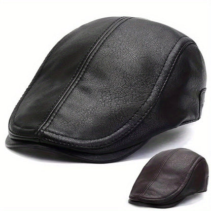 Men's faux-leather flat cap, Black/Brown