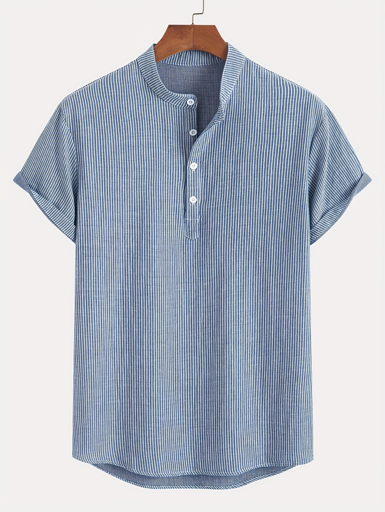 Men's Short Sleeve Henley Shirt with Stand Collar and Stripes – Modern Casual Shirt