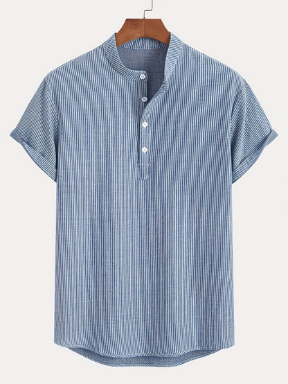 Men's Short Sleeve Henley Shirt with Stand Collar and Stripes – Modern Casual Shirt