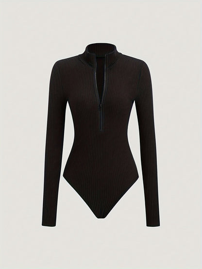 Damen Gerippter Stehkragen Bodysuit Langarm Reißverschluss Strick