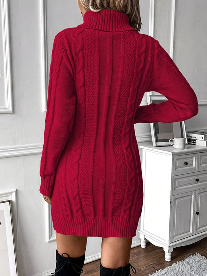 Strickkleid Damen Rollkragen Zopfmuster Langarm