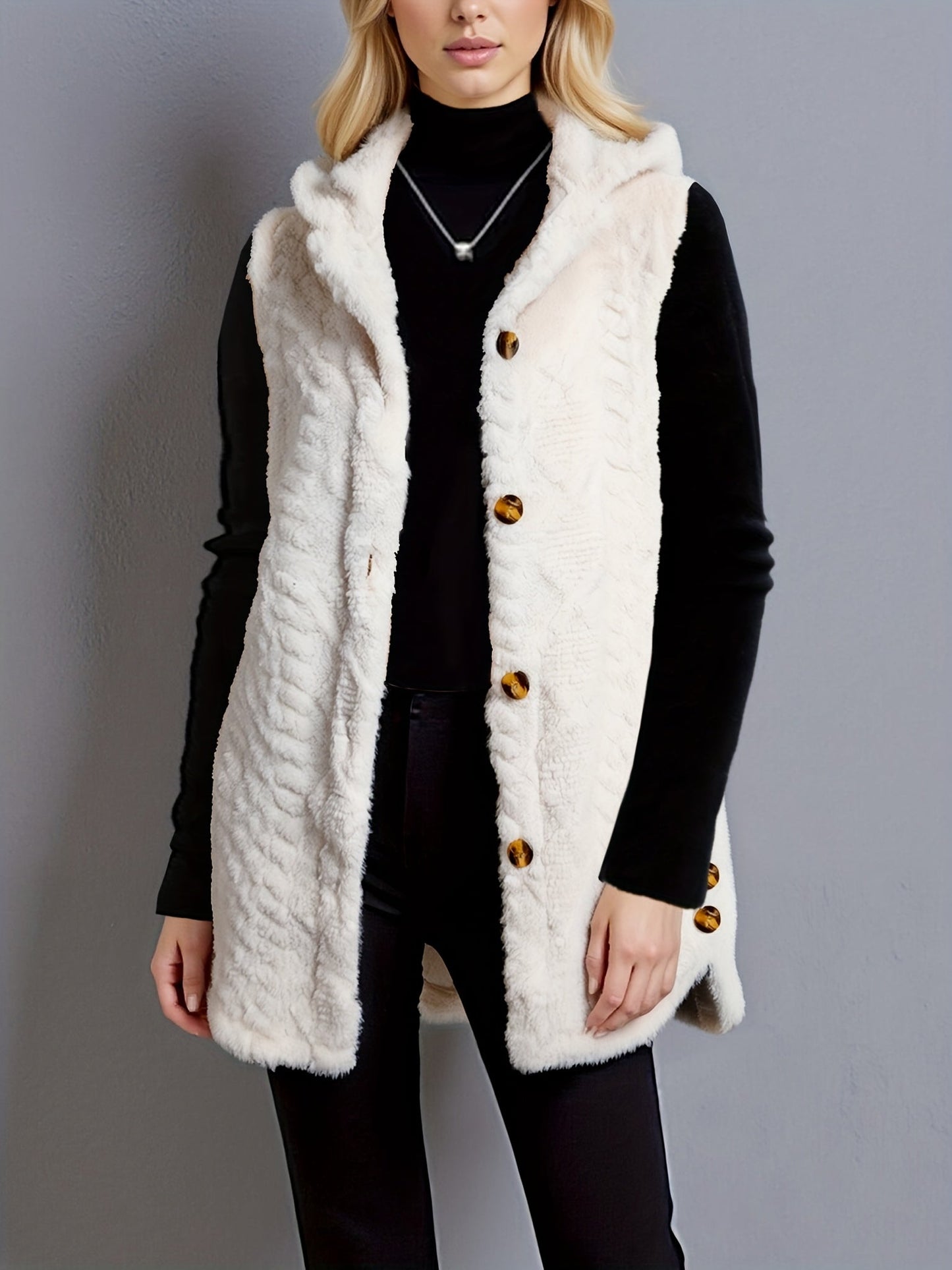Women's long cream hooded vest with teddy-fur look and buttons