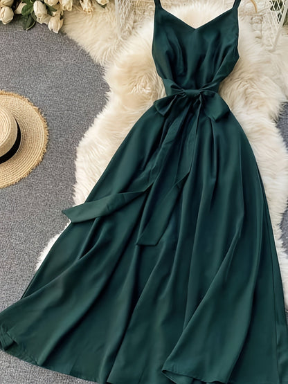 Women's maxi dress with spaghetti straps and bow – Elegant summer dress for festive occasions