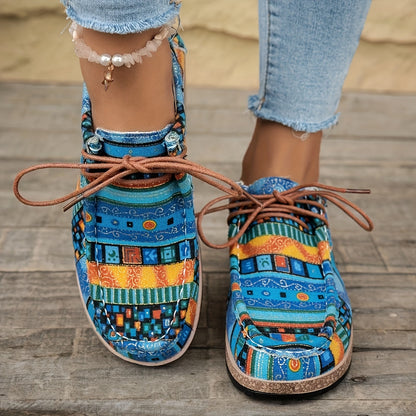 Women's Vintage Casual Shoes with Colorful Ethnic Pattern and Laces – Fashionable Penny Loafers for Everyday & Travel